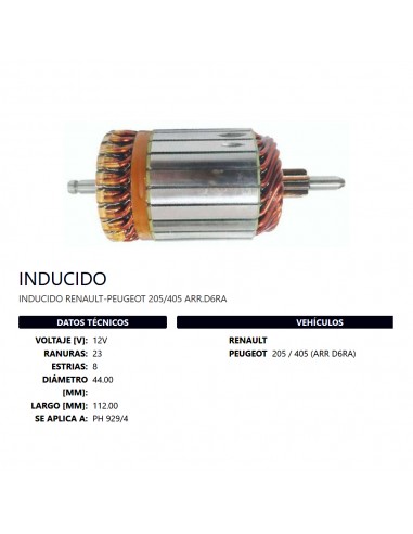 Inducido Un T/valeo 12v (ph:929/4) Pe 205/405 Ra22 Es8 D44 L112