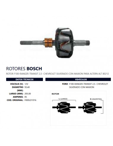 Rotor Un T/bosch 12v (oem:f000ld1016) Fo-ch F-100/ranger/transit/silverado C/maxion (alternador:80212) 85a D93,4 L205