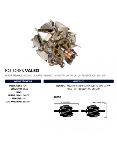 Rotor Un T/valeo 12v 70a D89,5 L148 (oem:592821) Re-vw Megane/19/polo/405/205/207 1.6