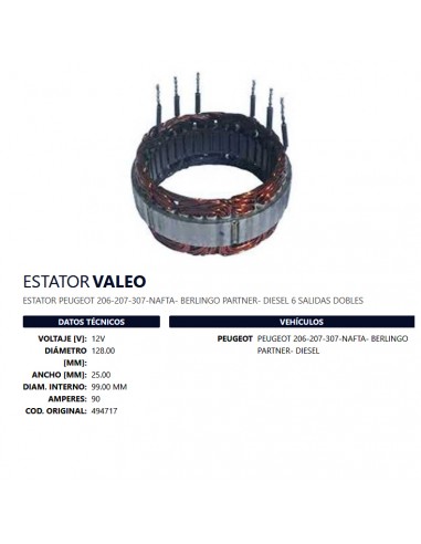 Estator Un T/valeo 12v 90a D128 H25 Di99 (oem:494717) Pe 206/207/307/berlingo/partner Nafta/diesel