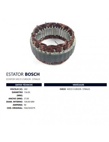 Estator Un T/bosch 24v 90a D136 H27 Di104 (oem: F042303079) Iveco Cursor/stralis