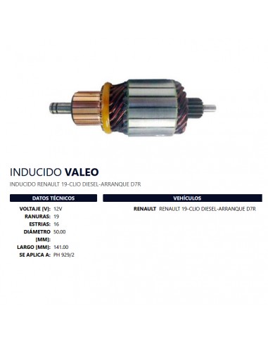 Inducido Un T/valeo 12v (ph:929/2) Ra19 Es16 D50 L141 Re 19/clio Diesel Arranque D7r