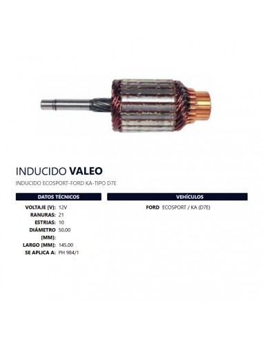 Inducido Un T/valeo 12v (ph:984/1) Ra21 Es10 D50 L145  Fo Ecosport/ka D7e