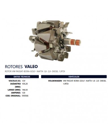 Rotor Un T/valeo 12v 120a D105,2 L146,5 (oem:593566) Vw Passat/bora/golf 1.8/1.9/2.0